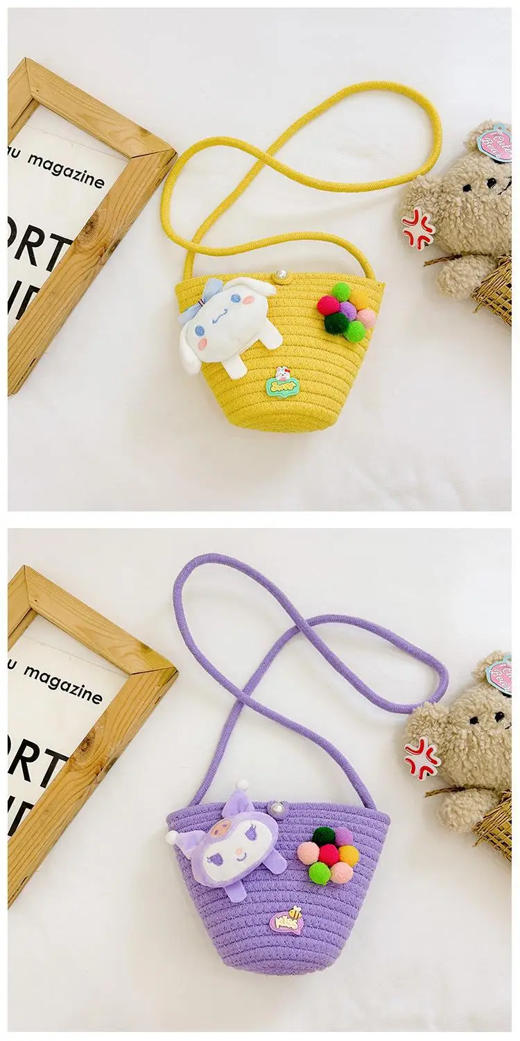 Girls Cartoon Straw Shoulder Bag with Colorful Pom Pom — feature 29