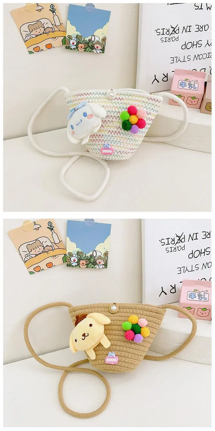 Girls Cartoon Straw Shoulder Bag with Colorful Pom Pom — feature 32