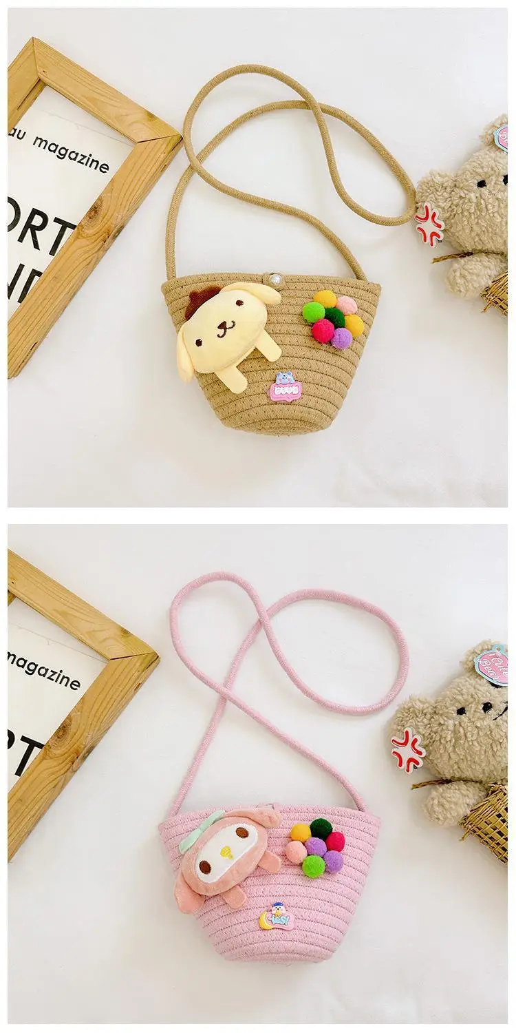 Girls Cartoon Straw Shoulder Bag with Colorful Pom Pom — feature 33