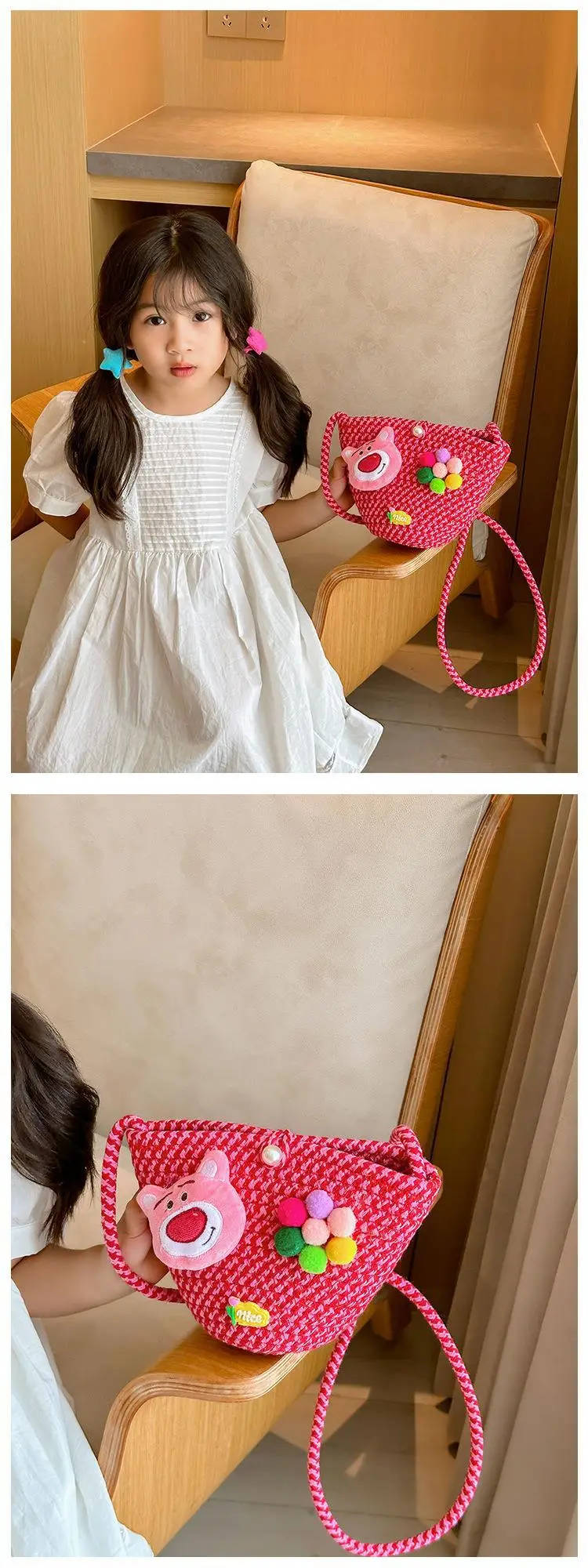 Girls Cartoon Straw Shoulder Bag with Colorful Pom Pom — feature 4