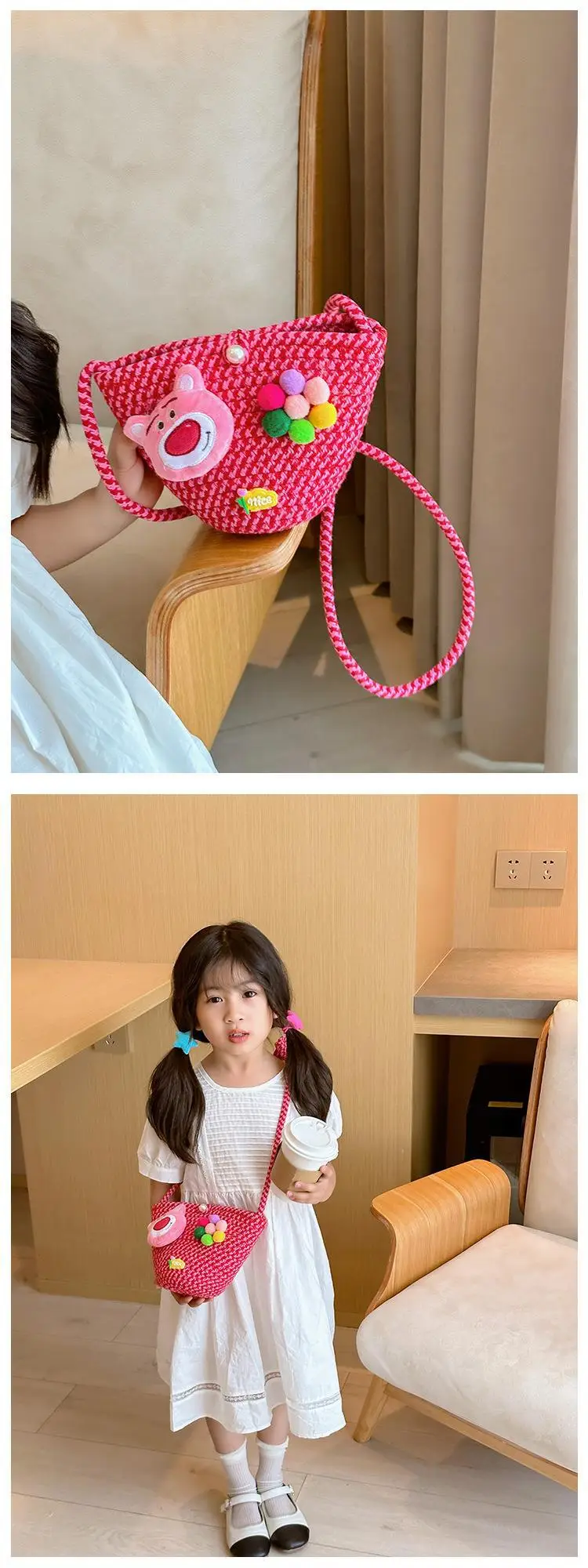 Girls Cartoon Straw Shoulder Bag with Colorful Pom Pom — feature 5