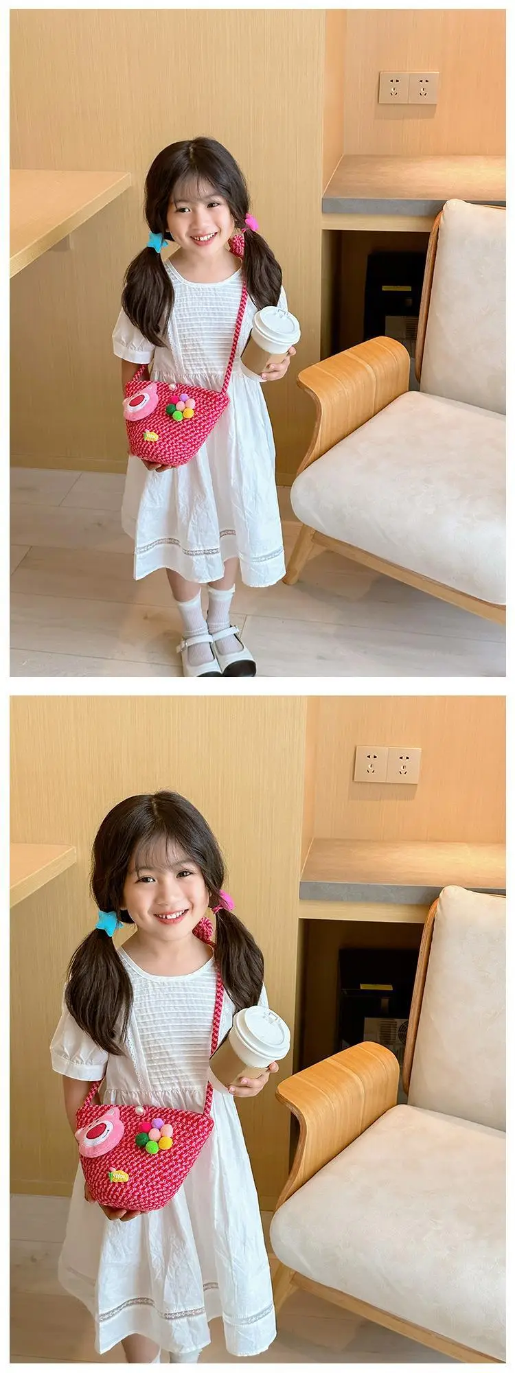 Girls Cartoon Straw Shoulder Bag with Colorful Pom Pom — feature 6