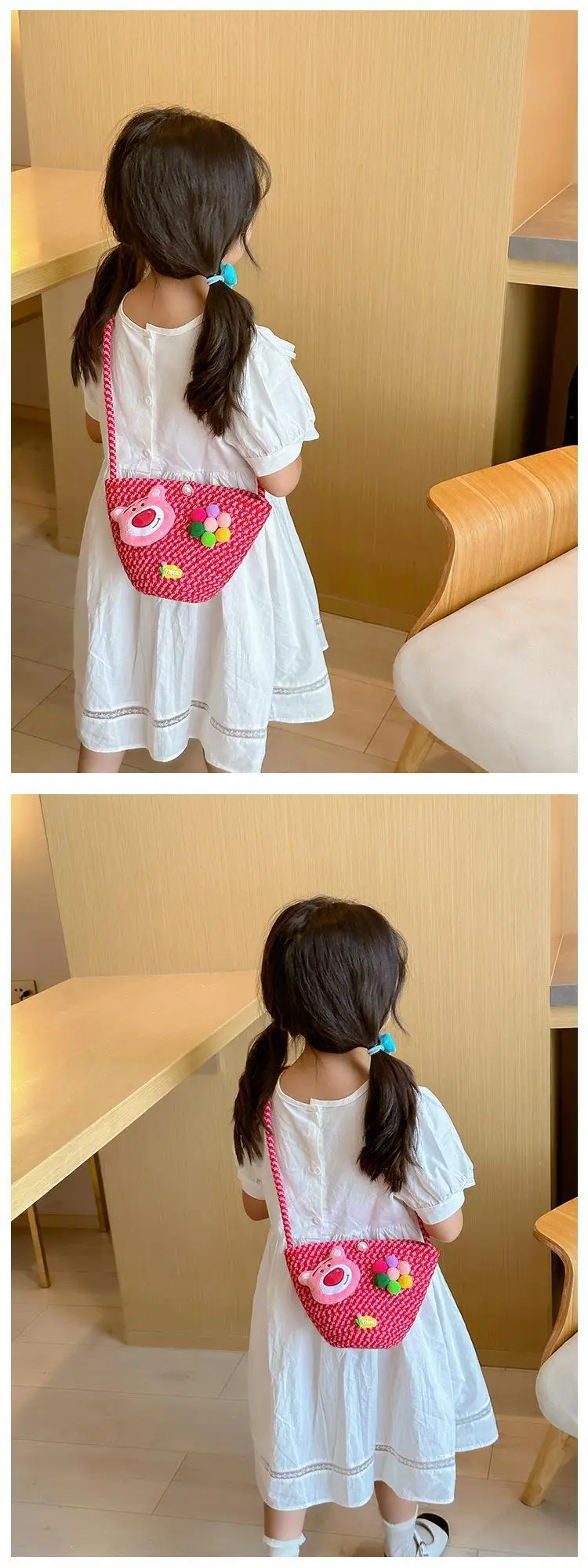 Girls Cartoon Straw Shoulder Bag with Colorful Pom Pom — feature 7