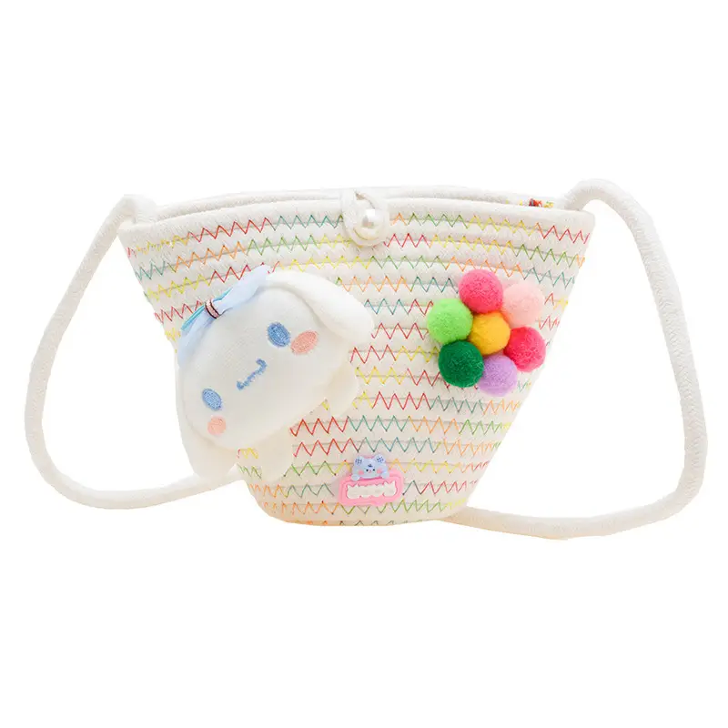Girls Cartoon Straw Shoulder Bag with Colorful Pom Pom - Image 2