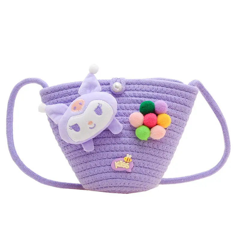 Girls Cartoon Straw Shoulder Bag with Colorful Pom Pom - Image 3