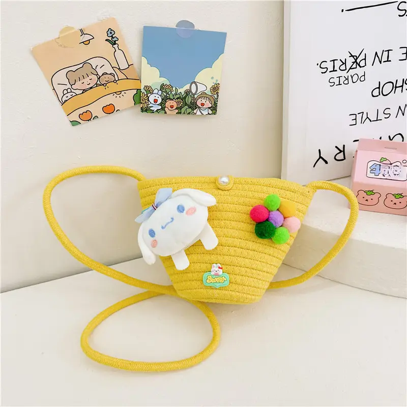 Girls Cartoon Straw Shoulder Bag with Colorful Pom Pom - Image 5