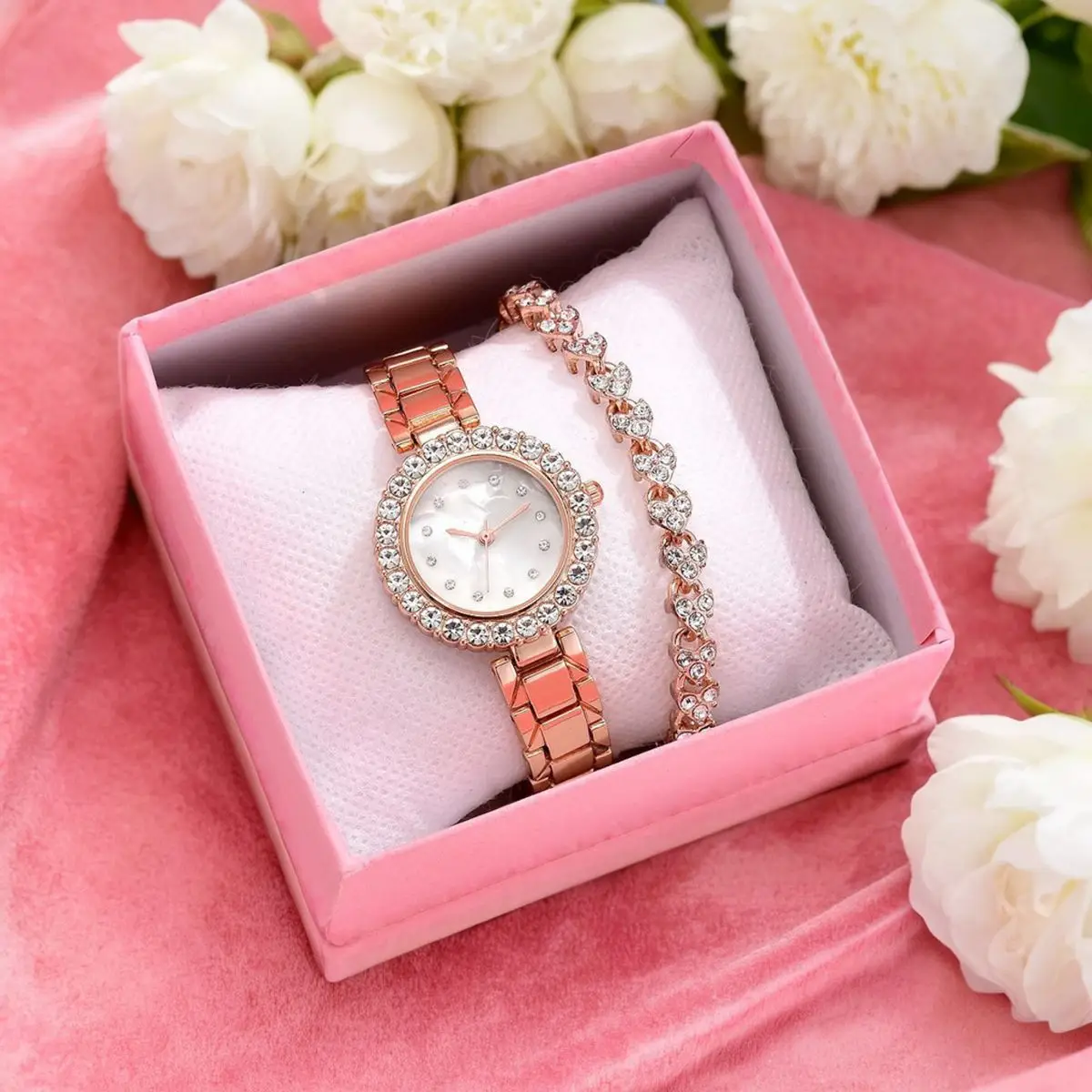 Rose Gold Women's Crystal Watch Set with Bracelet - Image 27