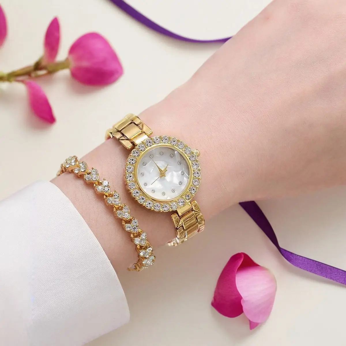 Rose Gold Women's Crystal Watch Set with Bracelet - Image 29