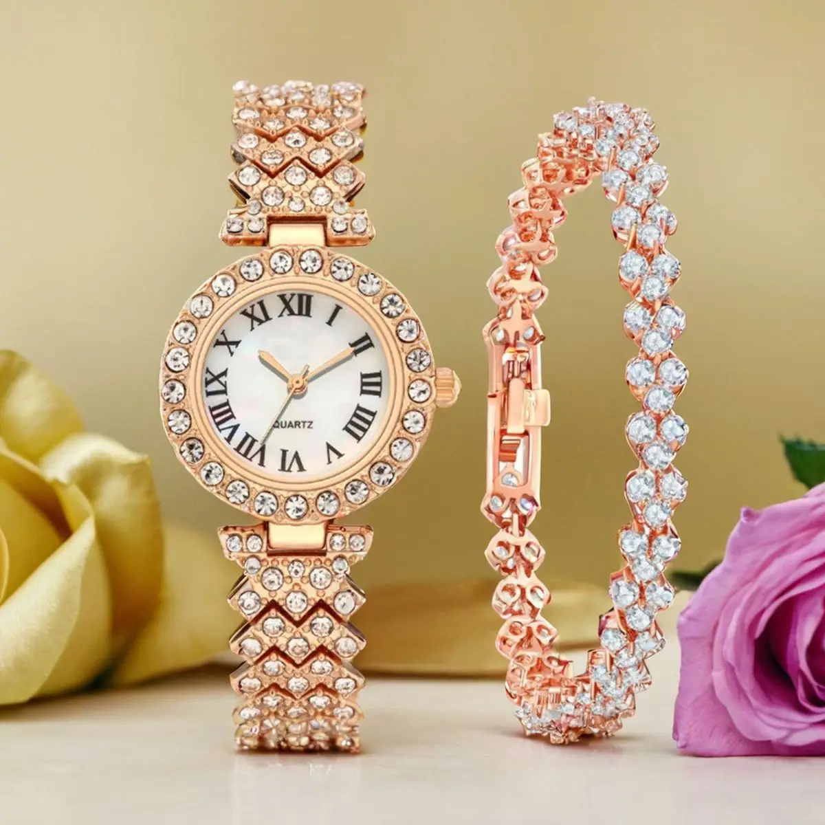 Rose Gold Women's Crystal Watch Set with Bracelet - Image 13