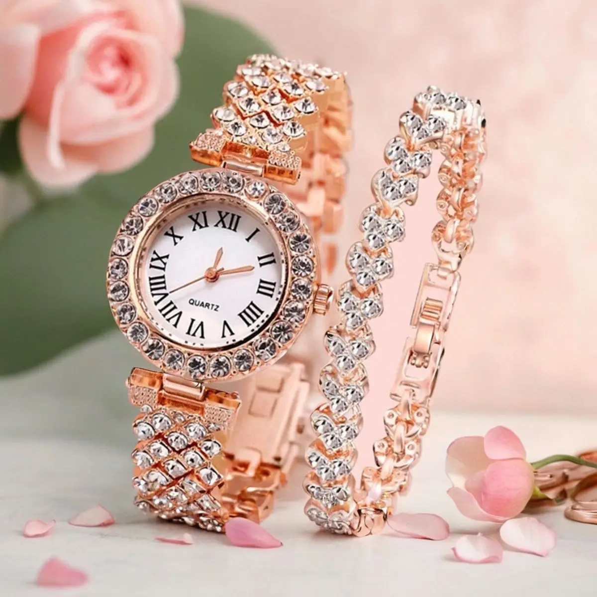 Rose Gold Women's Crystal Watch Set with Bracelet - Image 15