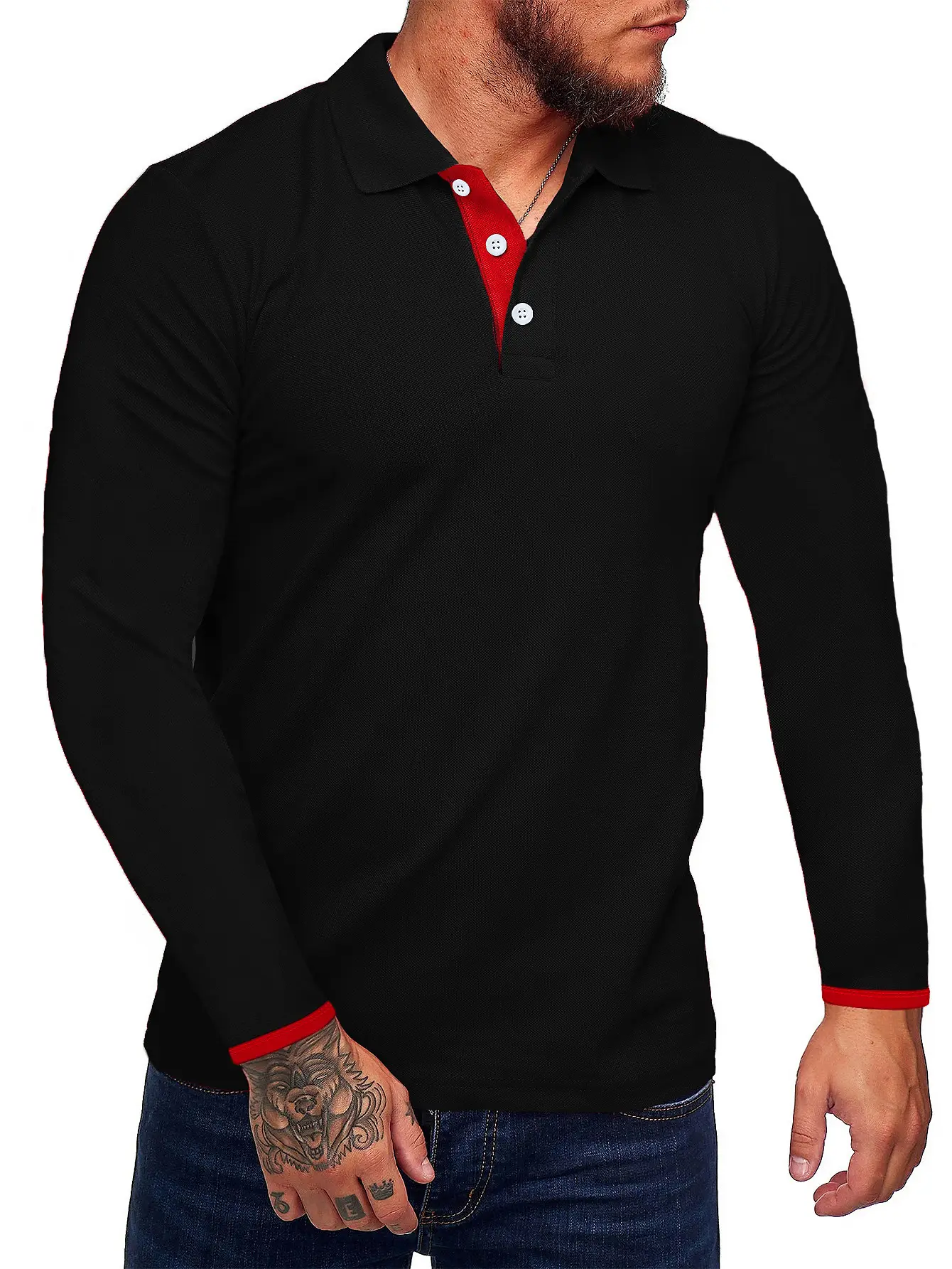 Men's Black Polo T-Shirt Long Sleeve Spring Summer — feature 4