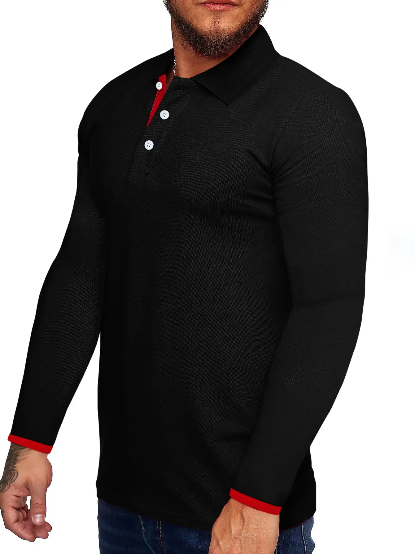 Men's Black Polo T-Shirt Long Sleeve Spring Summer — feature 5