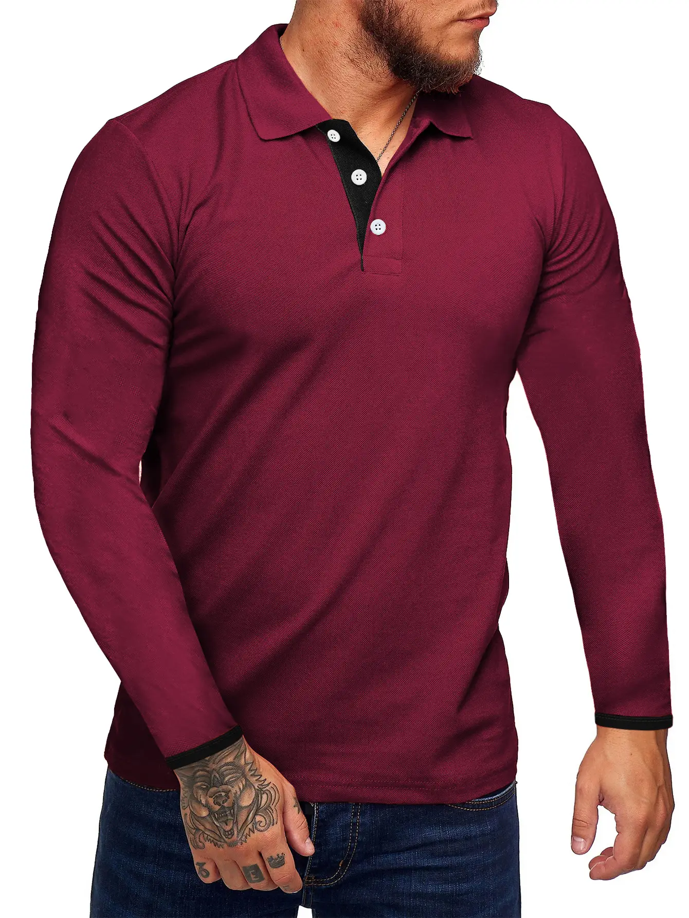 Men's Black Polo T-Shirt Long Sleeve Spring Summer - Image 3