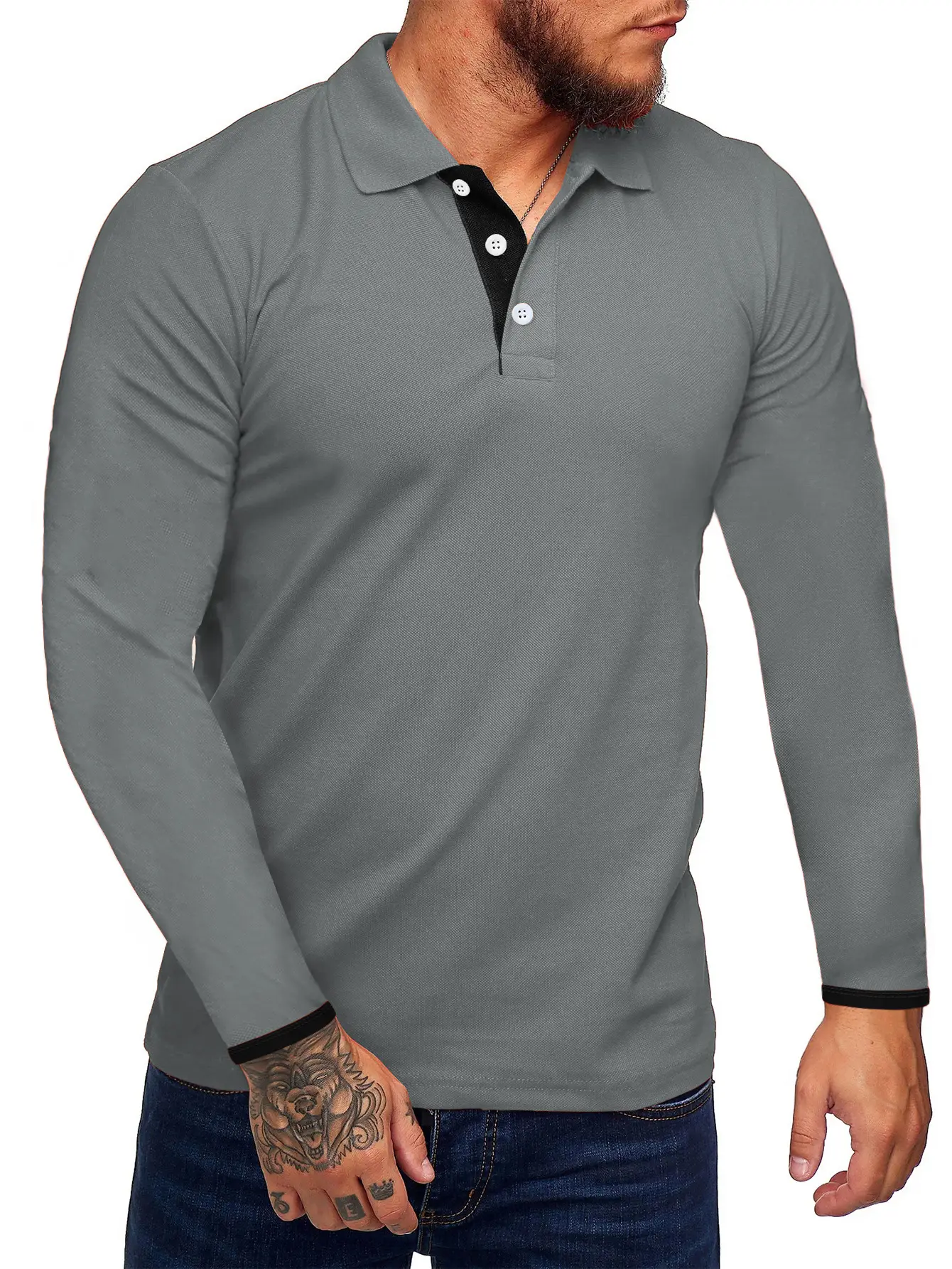 Men's Black Polo T-Shirt Long Sleeve Spring Summer - Image 8