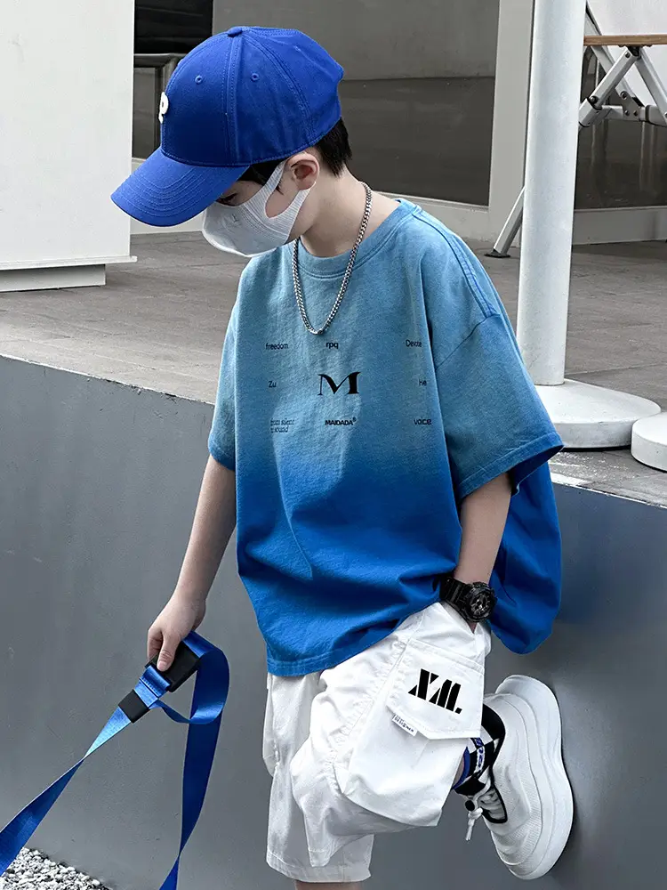Panda Yuan Yuan Boys Cotton T-Shirt Blue White Gradient - Image 4