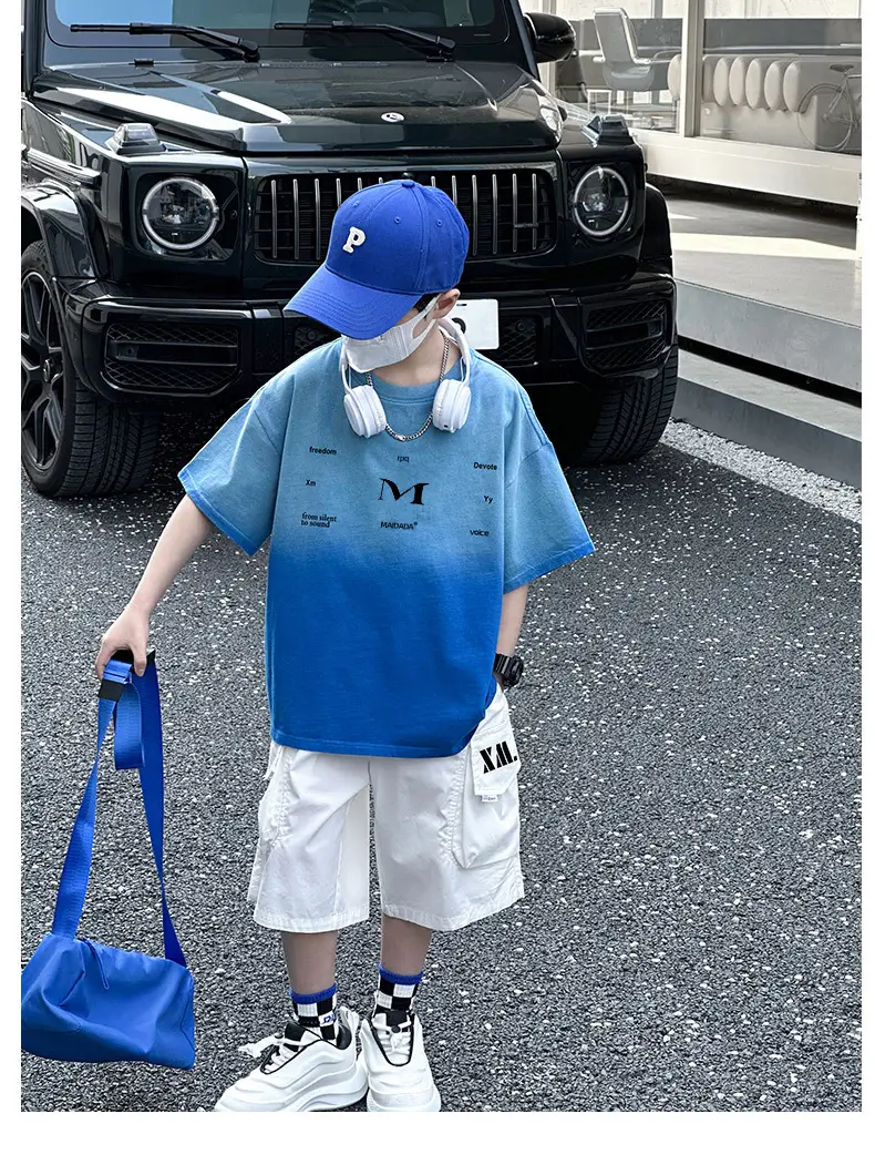 Panda Yuan Yuan Boys Cotton T-Shirt Blue White Gradient — feature 29