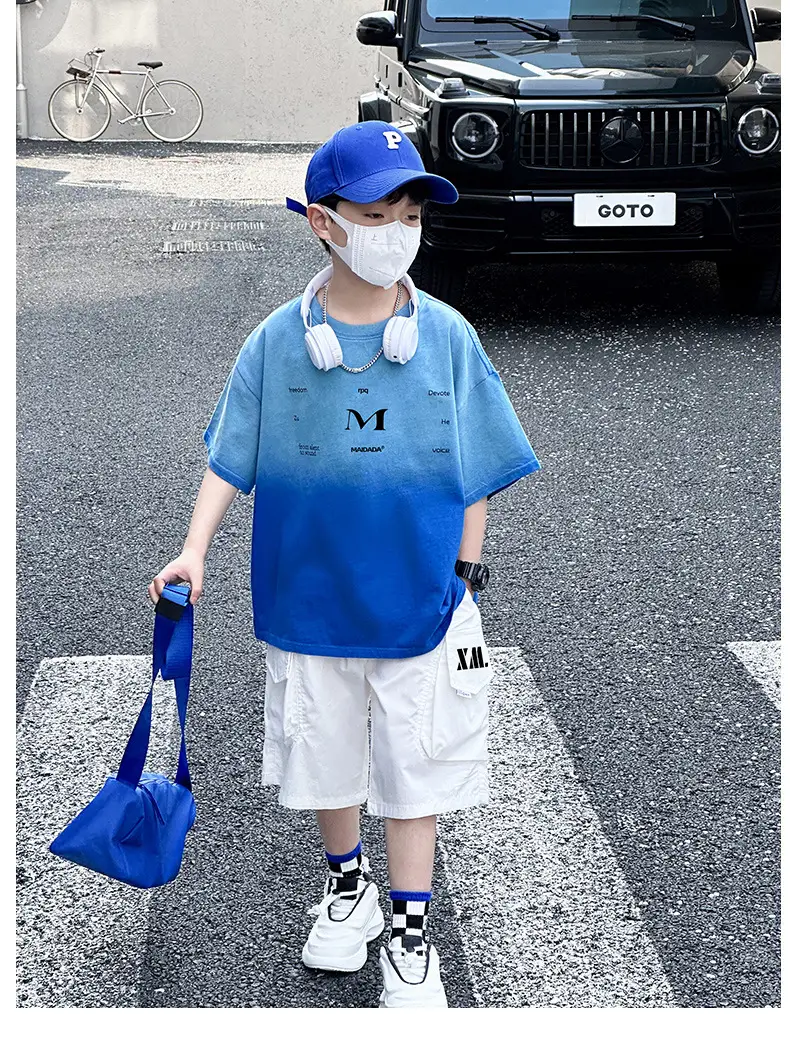 Panda Yuan Yuan Boys Cotton T-Shirt Blue White Gradient — feature 31