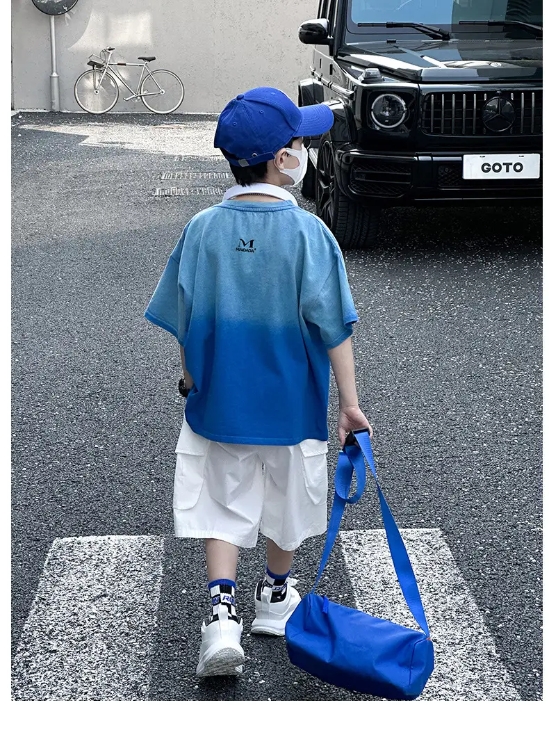 Panda Yuan Yuan Boys Cotton T-Shirt Blue White Gradient — feature 32