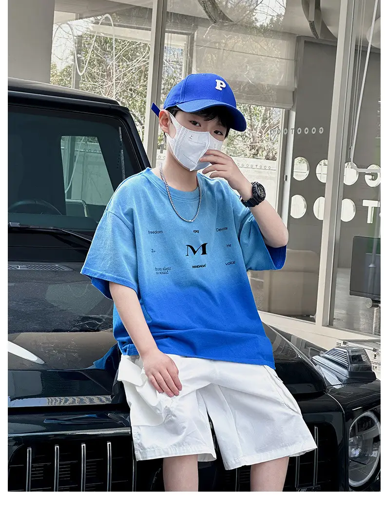 Panda Yuan Yuan Boys Cotton T-Shirt Blue White Gradient — feature 33
