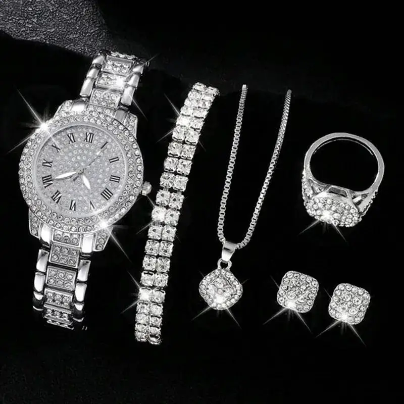 5pcs Diamond Watch Set for Women Roman Quartz Bracelet