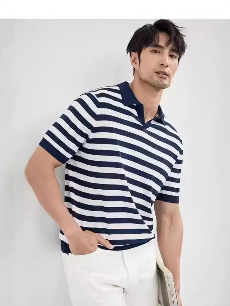 Men Navy Blue Striped Polo T-Shirt Summer Wear - Image 5