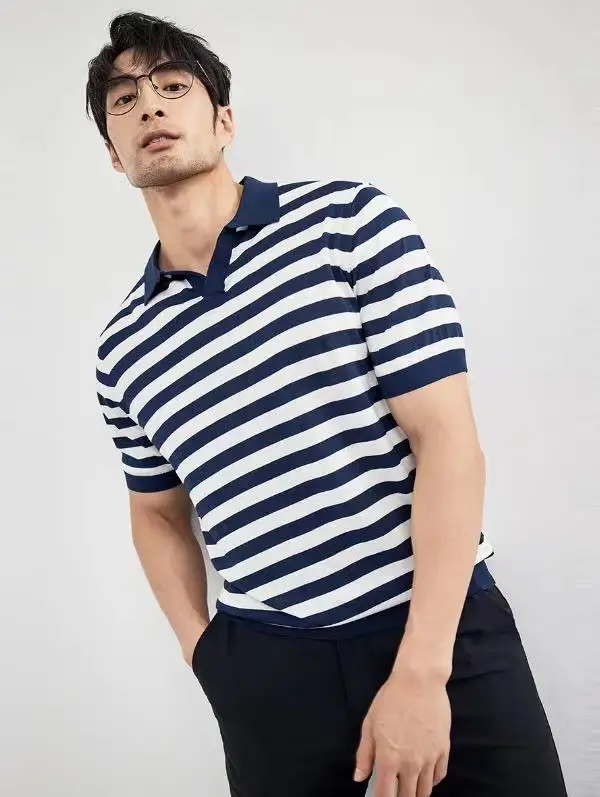 Men Navy Blue Striped Polo T-Shirt Summer Wear — feature 11