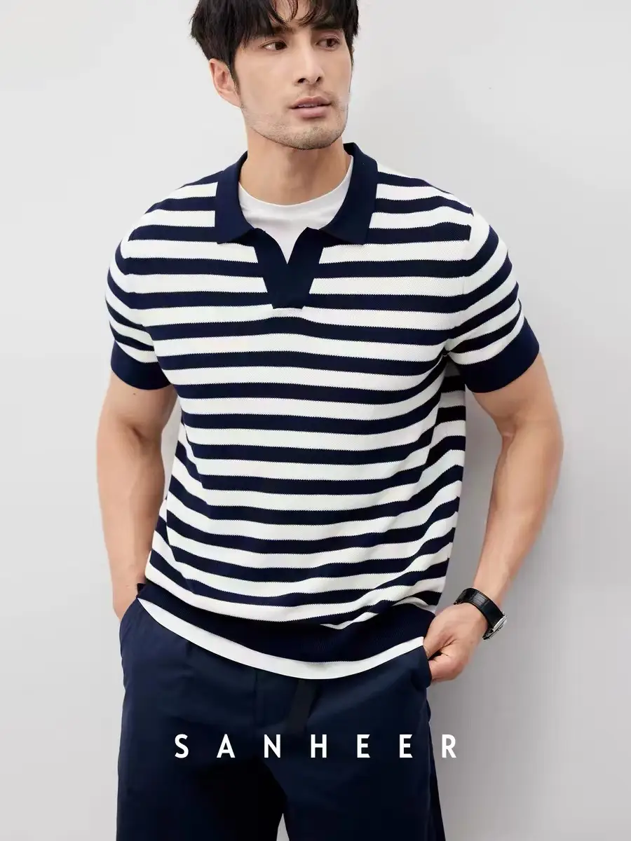 Men Navy Blue Striped Polo T-Shirt Summer Wear — feature 15