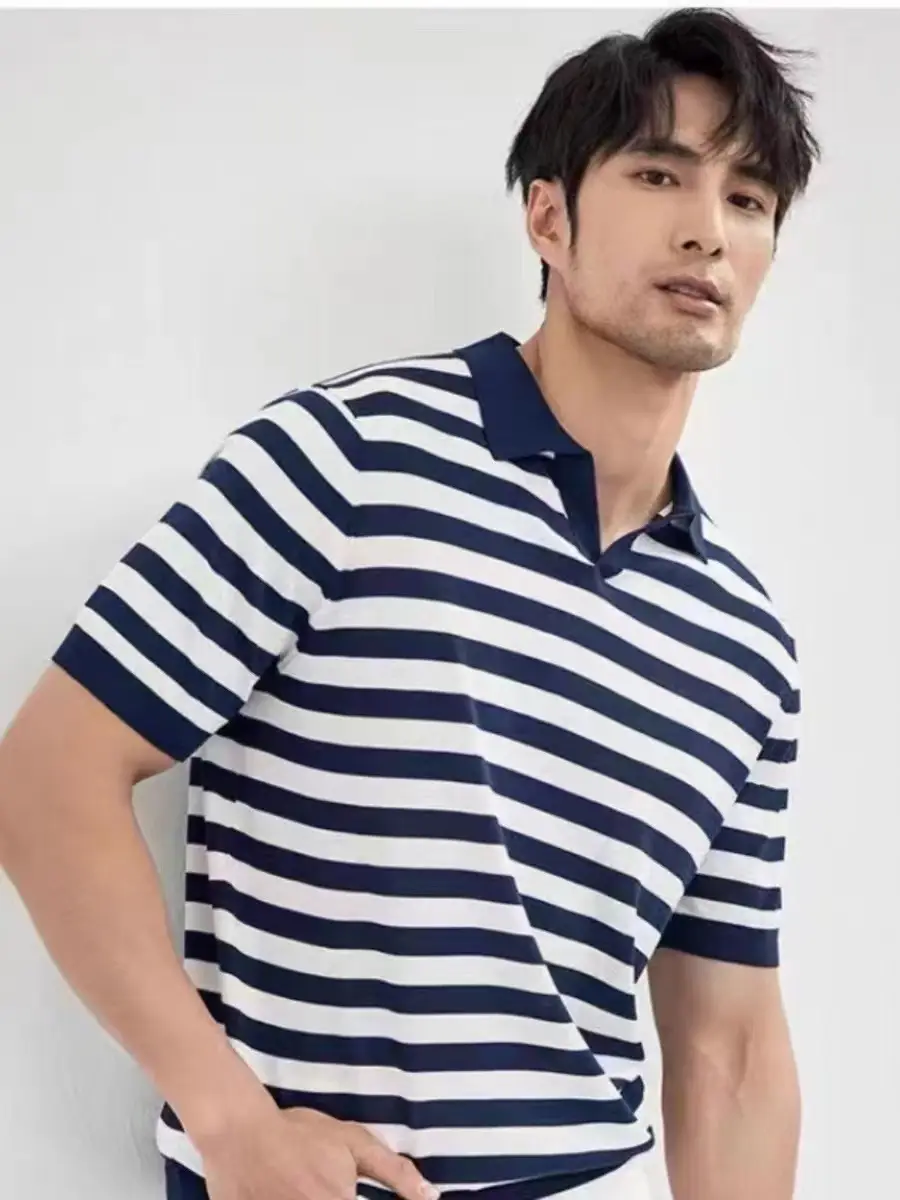 Men Navy Blue Striped Polo T-Shirt Summer Wear — feature 3