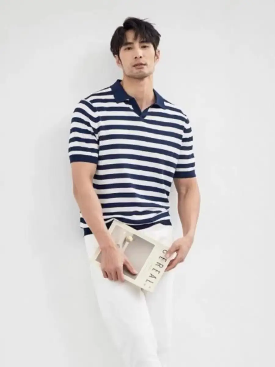 Men Navy Blue Striped Polo T-Shirt Summer Wear — feature 4