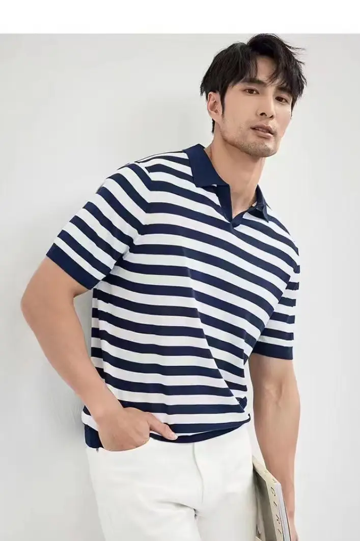 Men Navy Blue Striped Polo T-Shirt Summer Wear — feature 7