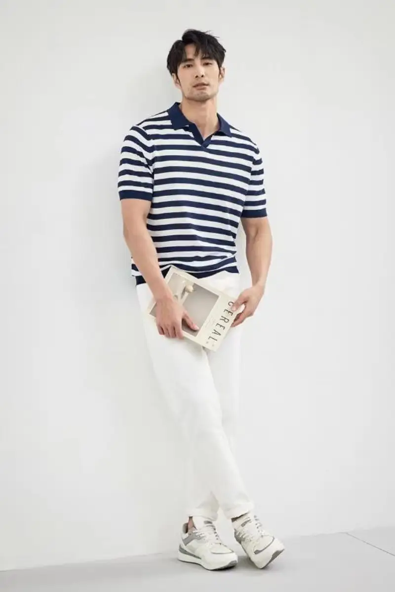 Men Navy Blue Striped Polo T-Shirt Summer Wear — feature 8