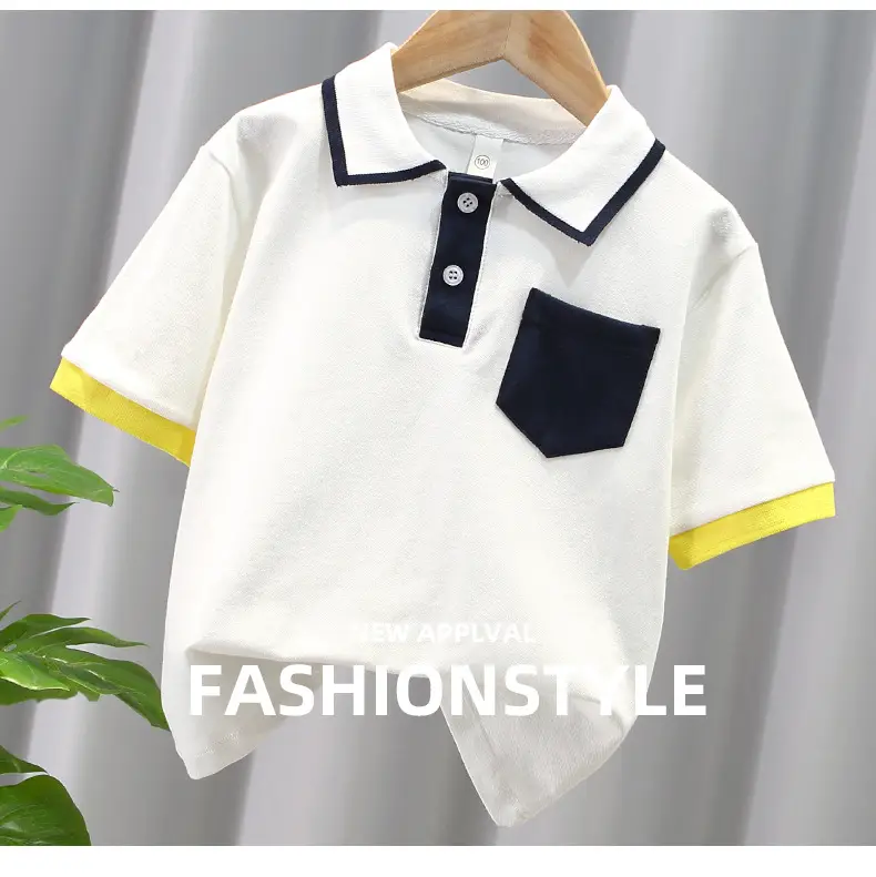 Boys' White Polo Shirt with Navy & Yellow Trim — feature 1
