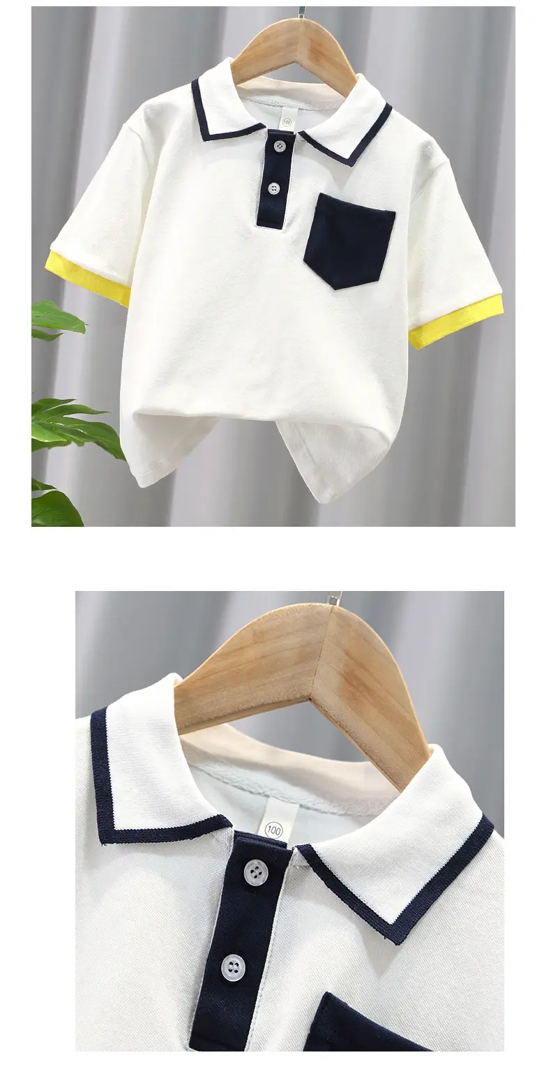 Boys' White Polo Shirt with Navy & Yellow Trim — feature 3