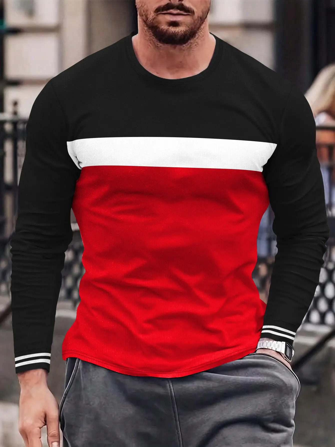 Men's Red Black White Long Sleeve T-Shirt