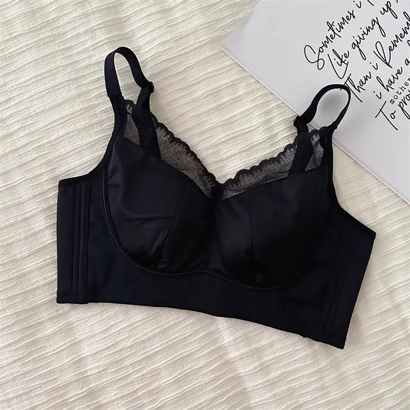 Large Chest Small Underwear Women's Thin Nipper Anti-sagging Lace Satin Comfortable Adjustable plus size Bra — feature 13