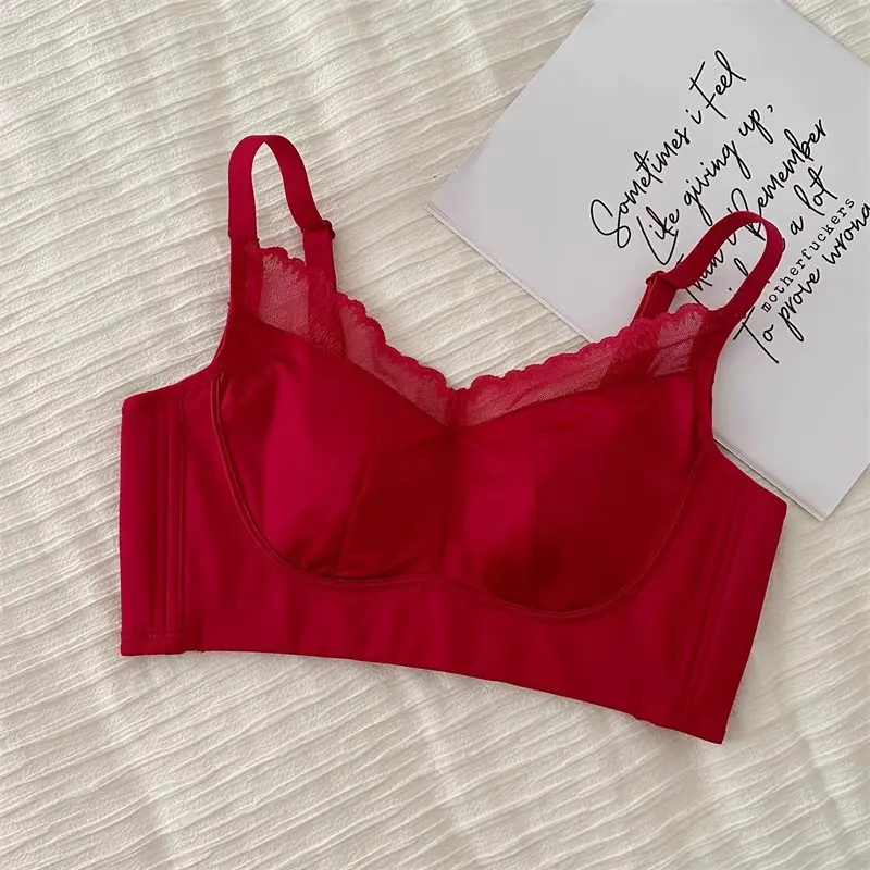 Large Chest Small Underwear Women's Thin Nipper Anti-sagging Lace Satin Comfortable Adjustable plus size Bra — feature 6