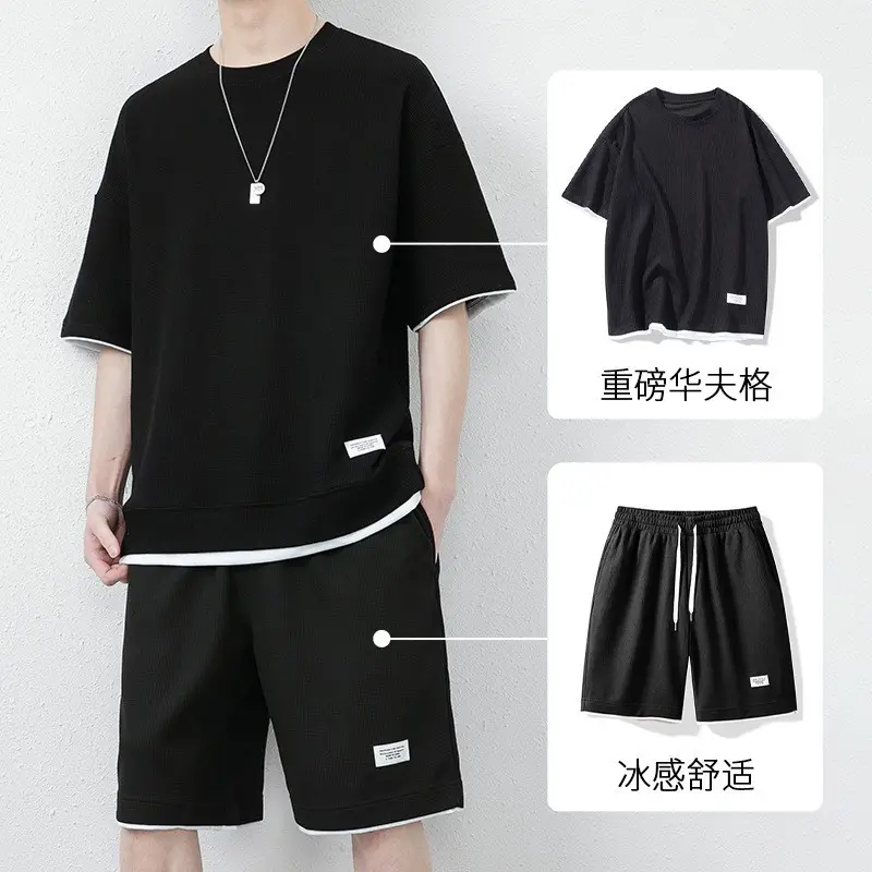 Men Black Waffle Short Sleeve Suit Hong Kong Style - Image 10