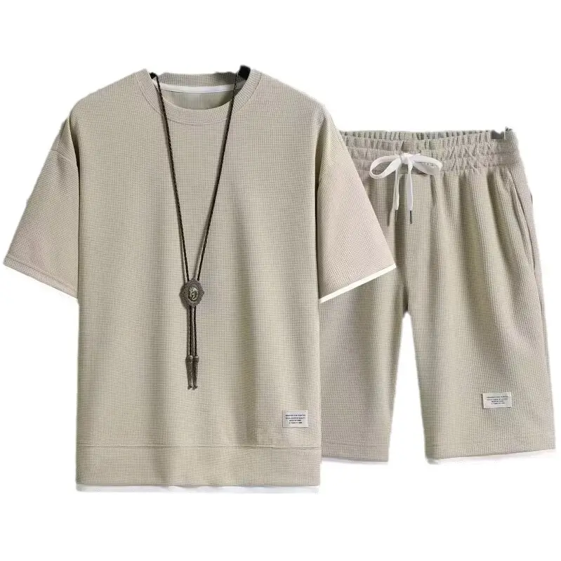 Men Black Waffle Short Sleeve Suit Hong Kong Style - Image 13