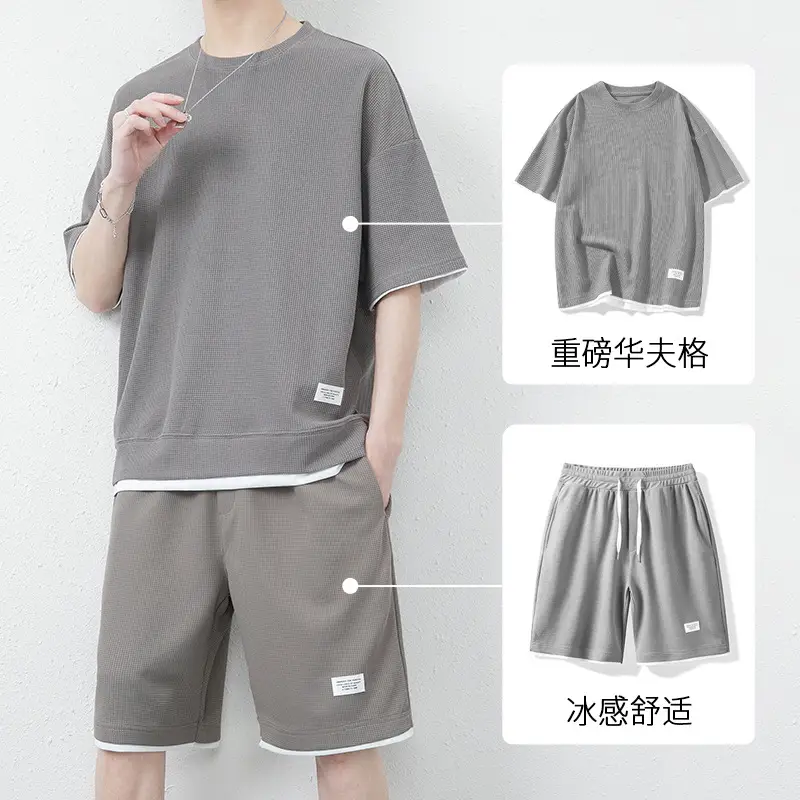 Men Black Waffle Short Sleeve Suit Hong Kong Style - Image 2