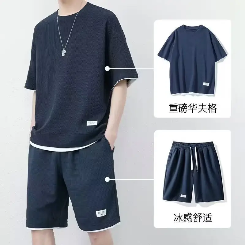 Men Black Waffle Short Sleeve Suit Hong Kong Style - Image 5