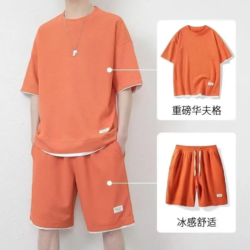Men Black Waffle Short Sleeve Suit Hong Kong Style - Image 7