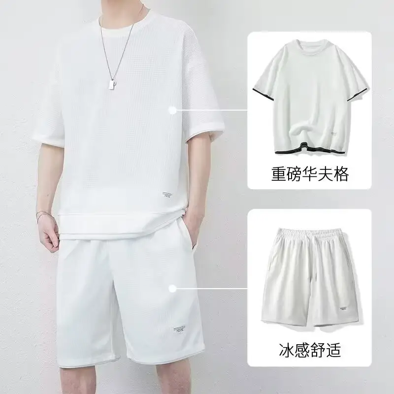 Men Black Waffle Short Sleeve Suit Hong Kong Style - Image 8