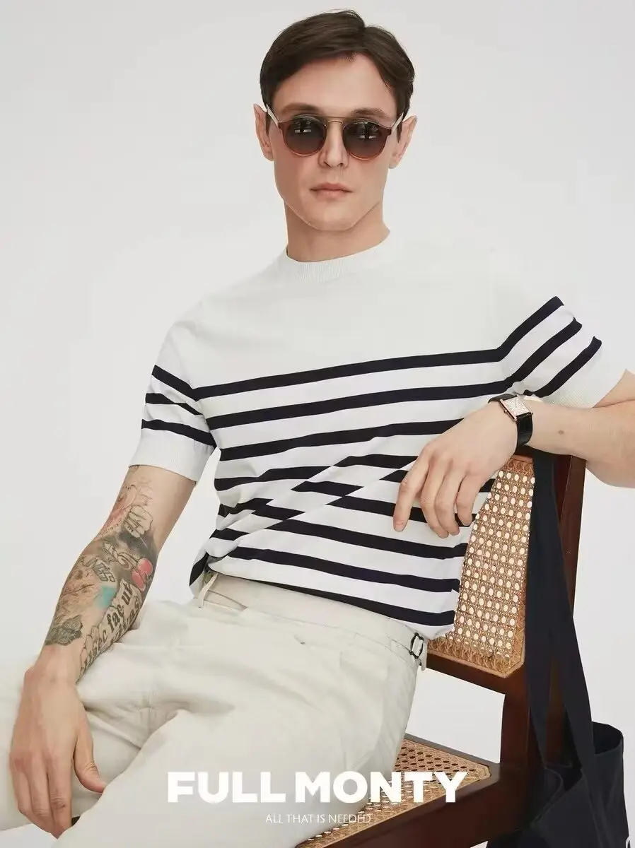 Men Striped Knitted T-shirt Black White - Image 5