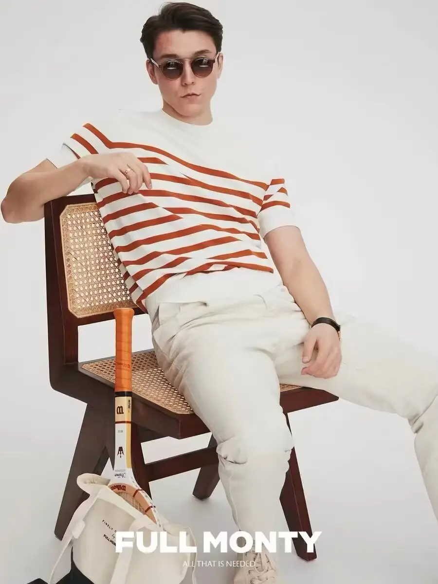Men Striped Knitted T-shirt Black White - Image 6