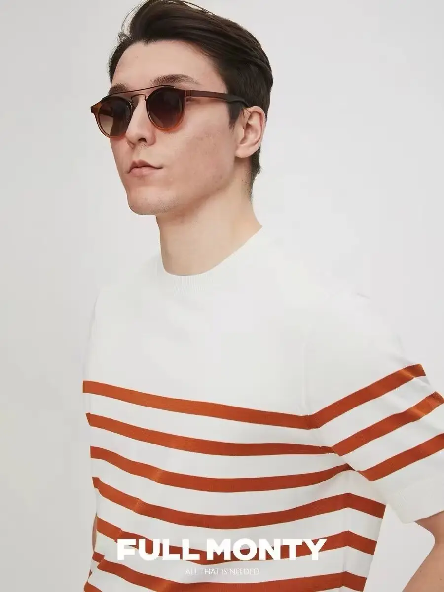 Men Striped Knitted T-shirt Black White - Image 7