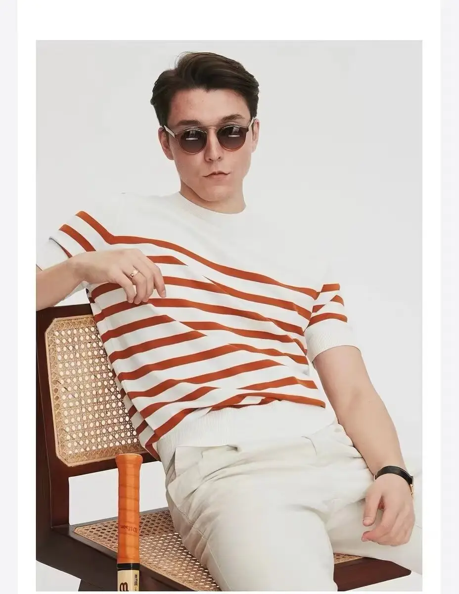 Men Striped Knitted T-shirt Black White — feature 7