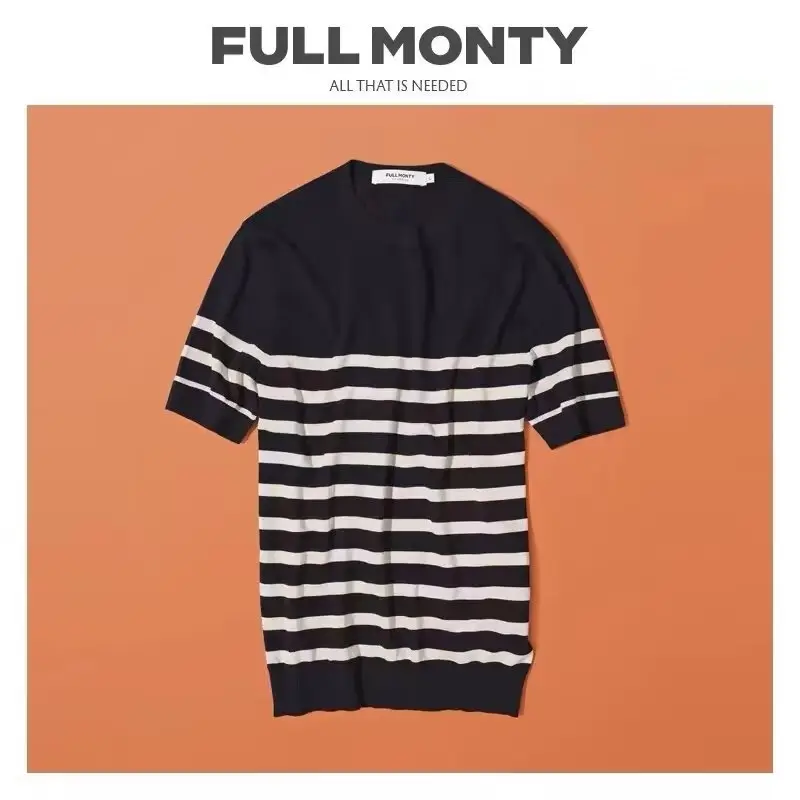 Men Striped Knitted T-shirt Black White - Image 2