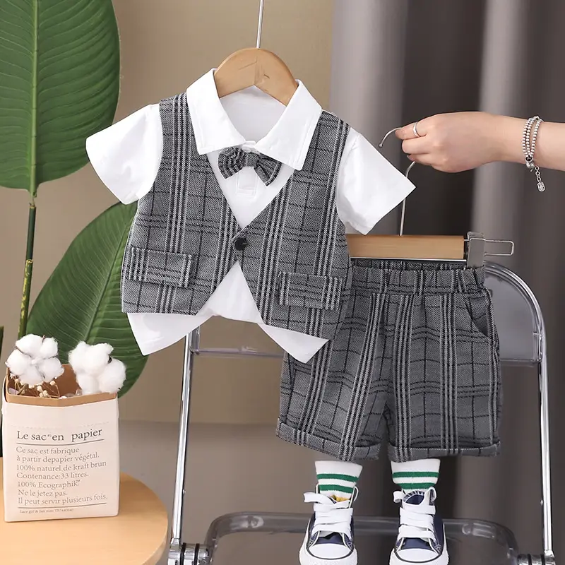 Children's Plaid Cotton Suit Set Summer Boys Girls - Image 4