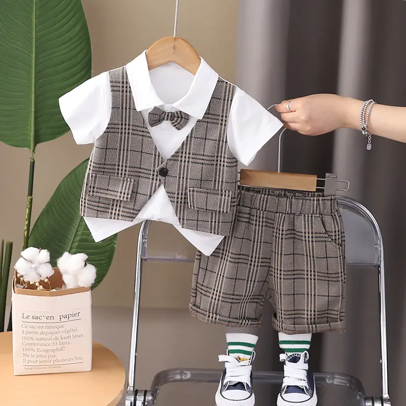 Children's Plaid Cotton Suit Set Summer Boys Girls - Image 5