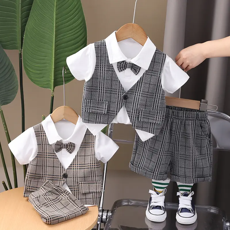 Children's Plaid Cotton Suit Set Summer Boys Girls — feature 1